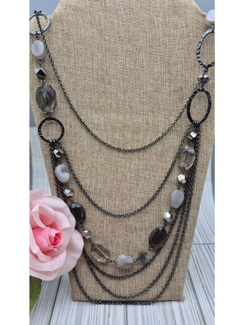 Gunmetal Layered Chain Necklace Smoky Beads & Hammered Metal Multi-Strand